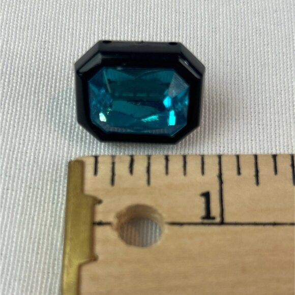 Octagon Stud Earrings Teal Plastic Gemstones Black Enamel Frame - Picture 8 of 8
